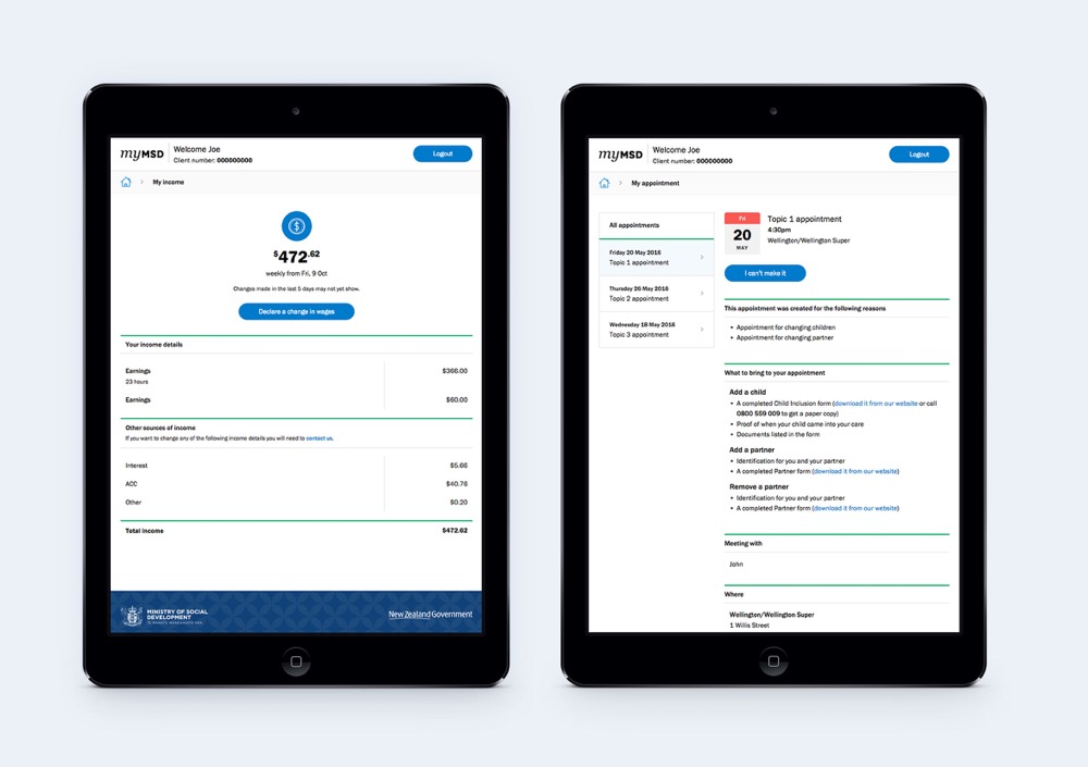 My income and my appointment screens on tablet